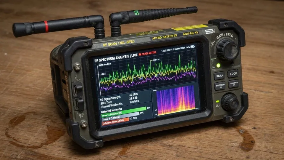 Portable spectrum monitoring unit displaying cellular signal analysis