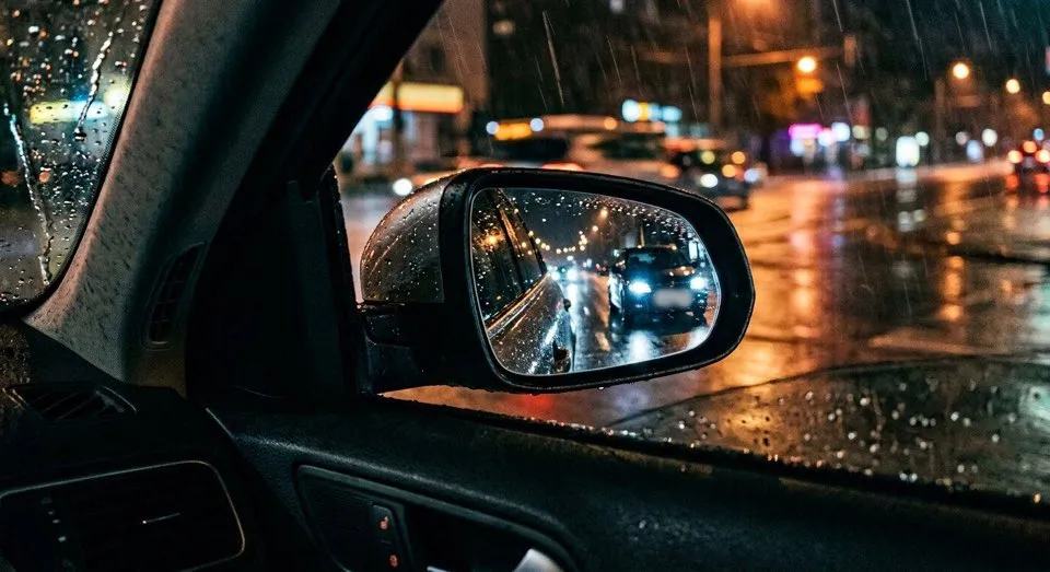 A vehicle appearing in the side mirror during night-time surveillance detection