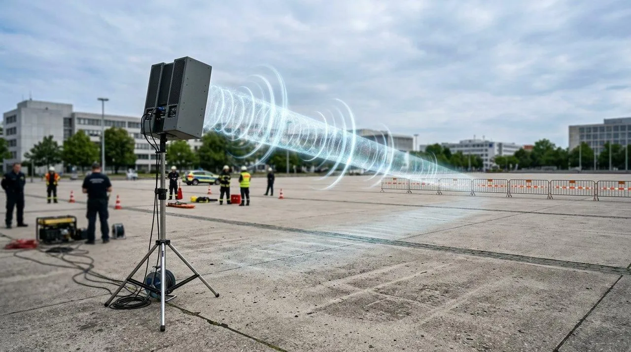 Long-range acoustic device projecting focused sound across an open area