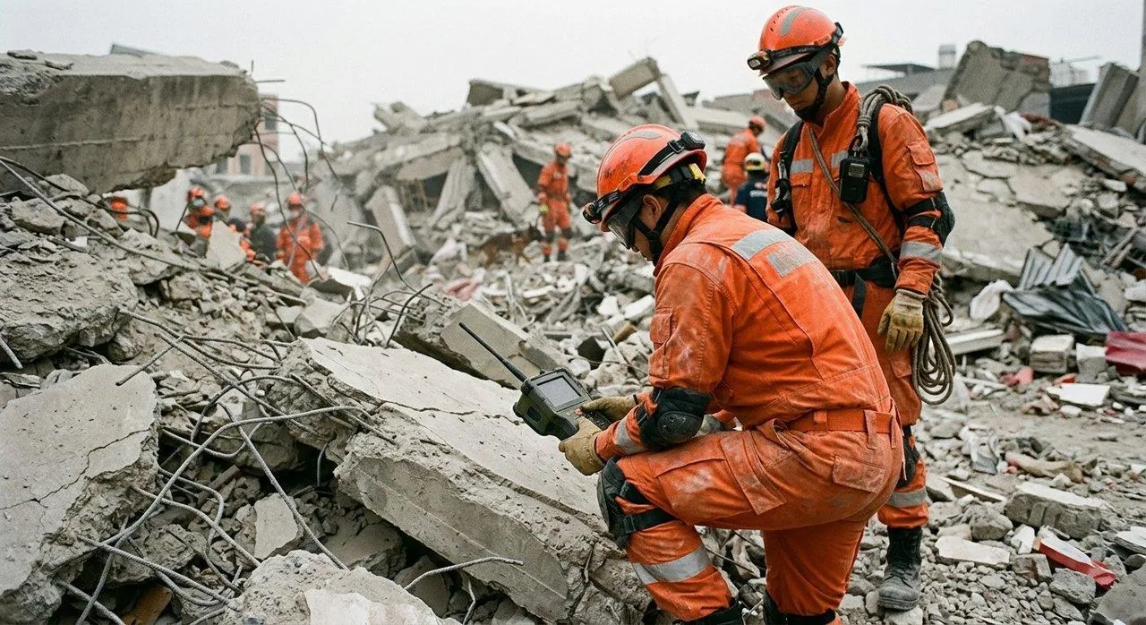 Search and rescue team using sensing technology around collapsed structures