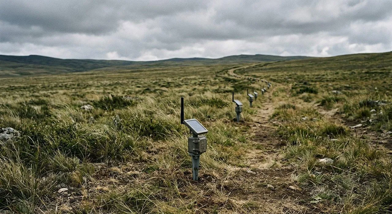 Wireless perimeter sensor nodes deployed across open terrain
